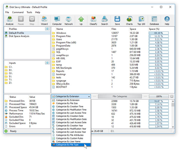 Disk Space Analysis Results Categories