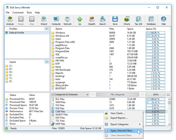 Disk Space Analysis Categories and Filters